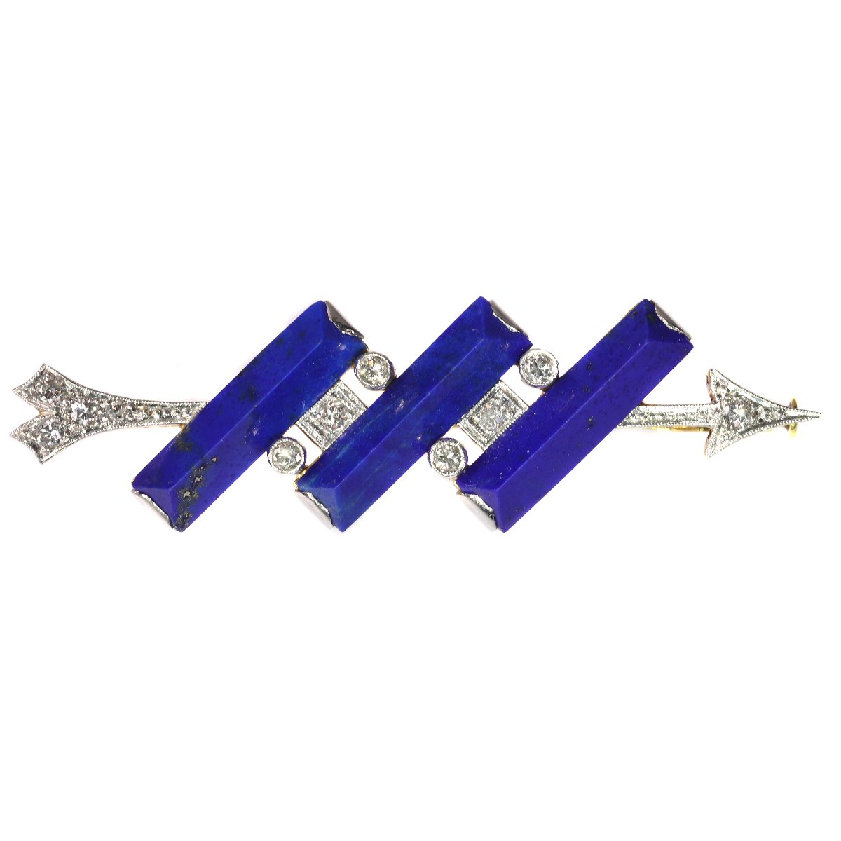 Diamond arrow brooch perforating three solid bars of lapis lazuli